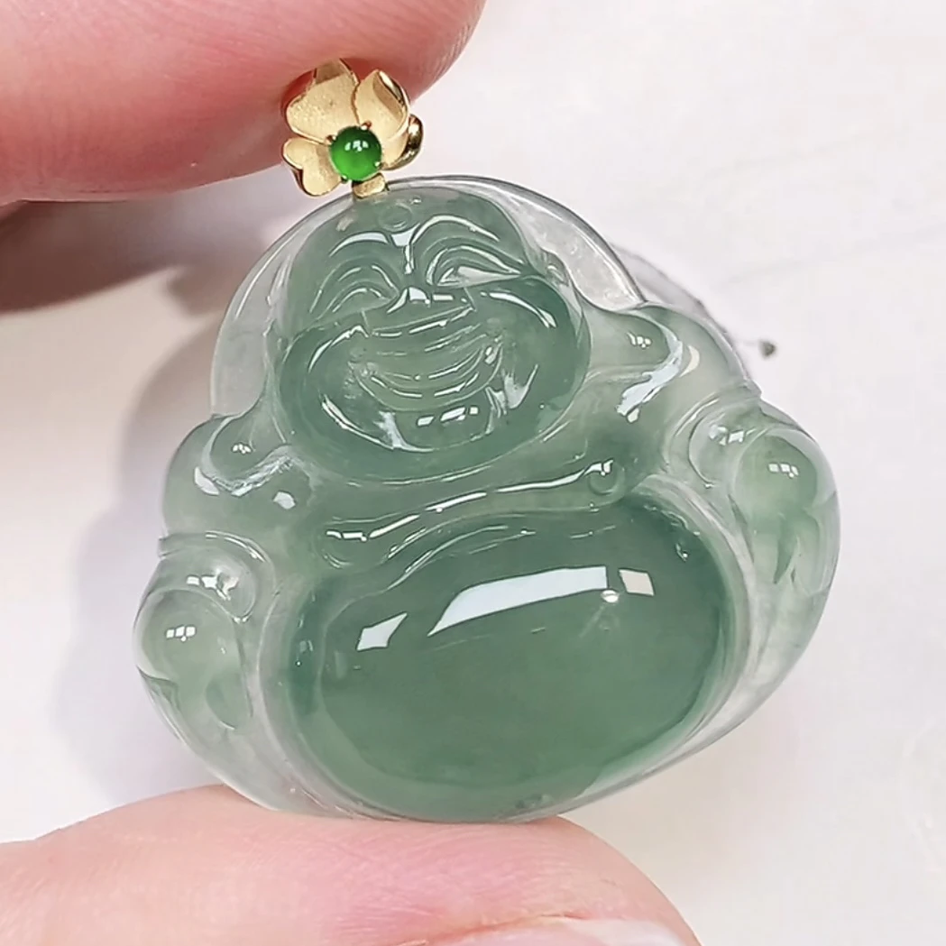 冰满绿佛公吊坠挂件 18k金镶嵌 缅甸天然翡翠A货