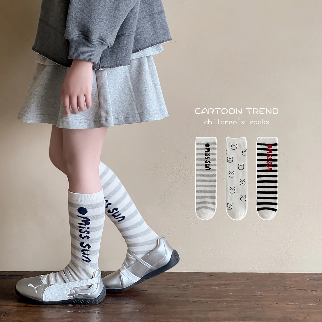 儿童袜子春秋季精梳棉女童小腿袜韩版ins条纹男童宝宝运动长筒袜