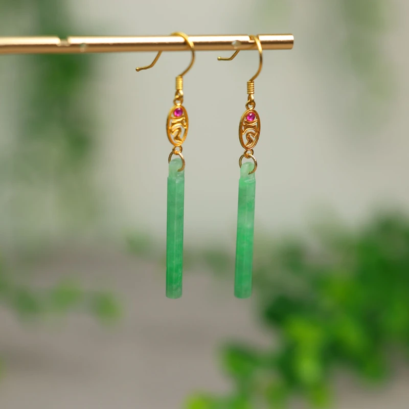 #J800 18K金镶嵌冰种满绿缅甸天然A货翡翠翎管耳坠耳钩款耳饰