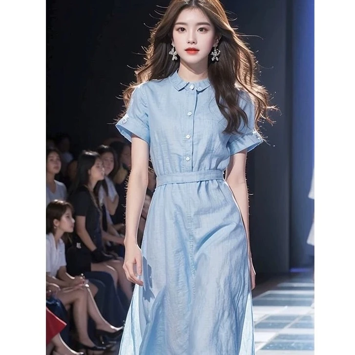 2025夏季新款高端精致长裙茶歇法式蓝色衬衫式收腰连衣裙