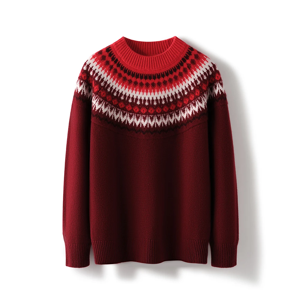 100%山羊绒半高领套头费尔岛提花羊绒衫
