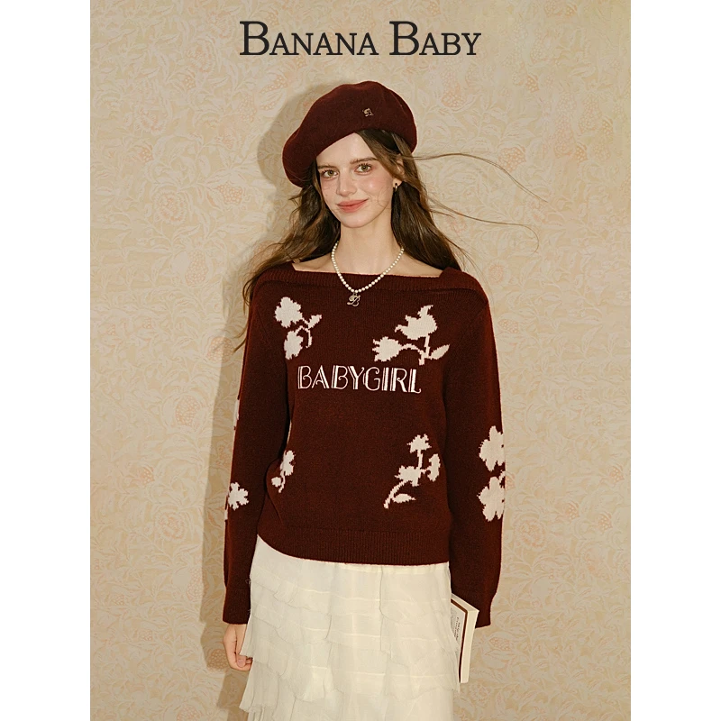 BANANA BABY2025年冬季新款复古一字领提花刺绣毛衫女A2F4MY615