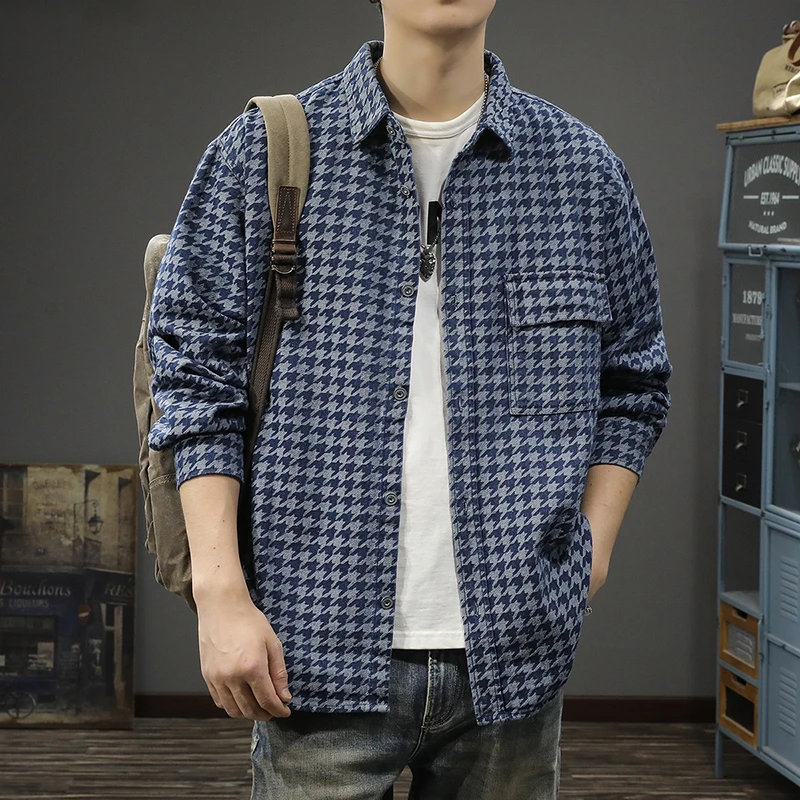 经典美式复古千鸟格长袖衬衫男宽松大码秋季潮牌休闲工装夹克外套