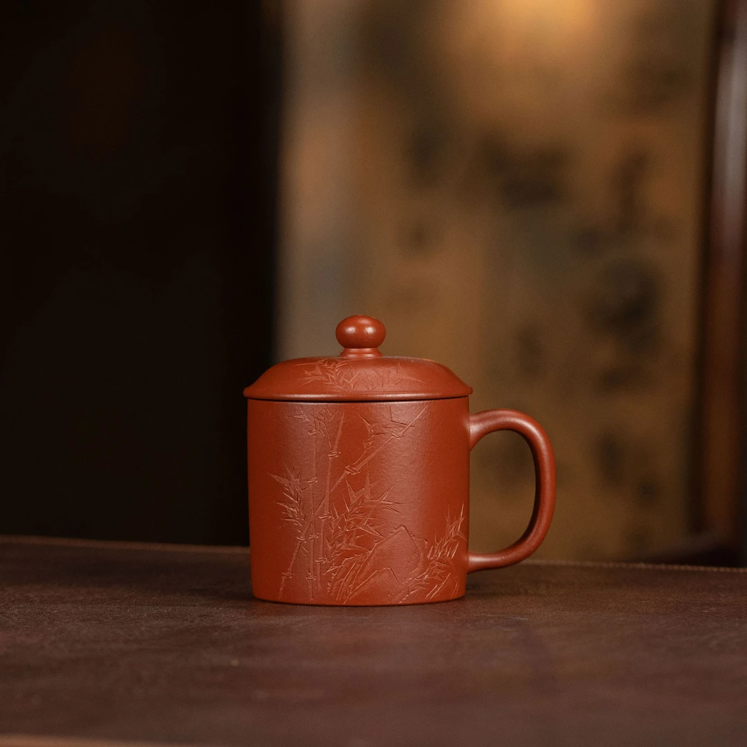 【利贞丨竹石-盖杯】紫砂盖杯朱泥230cc李建军全手工制茶具