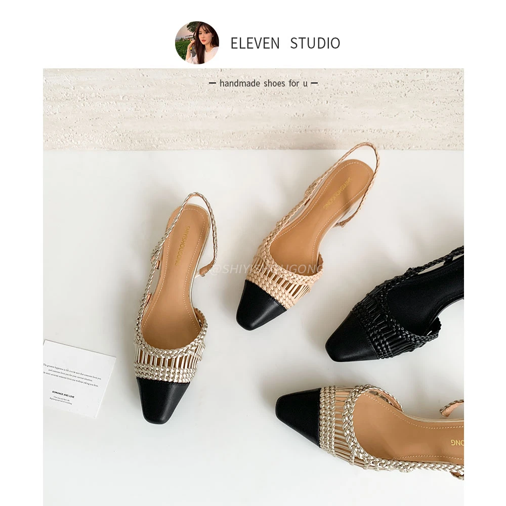 【王11】粗跟版本~编织镂空尖头后空款拼接包头凉鞋 4CM/佳人