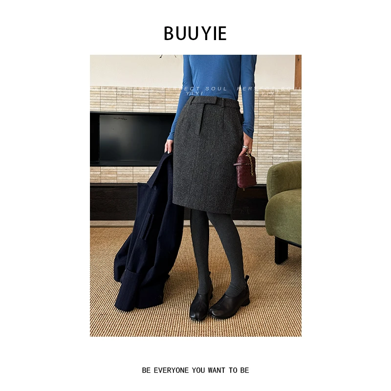 BUUYIE【颂雅】羊毛半身裙直筒秋冬新款女高腰设计师款 251034