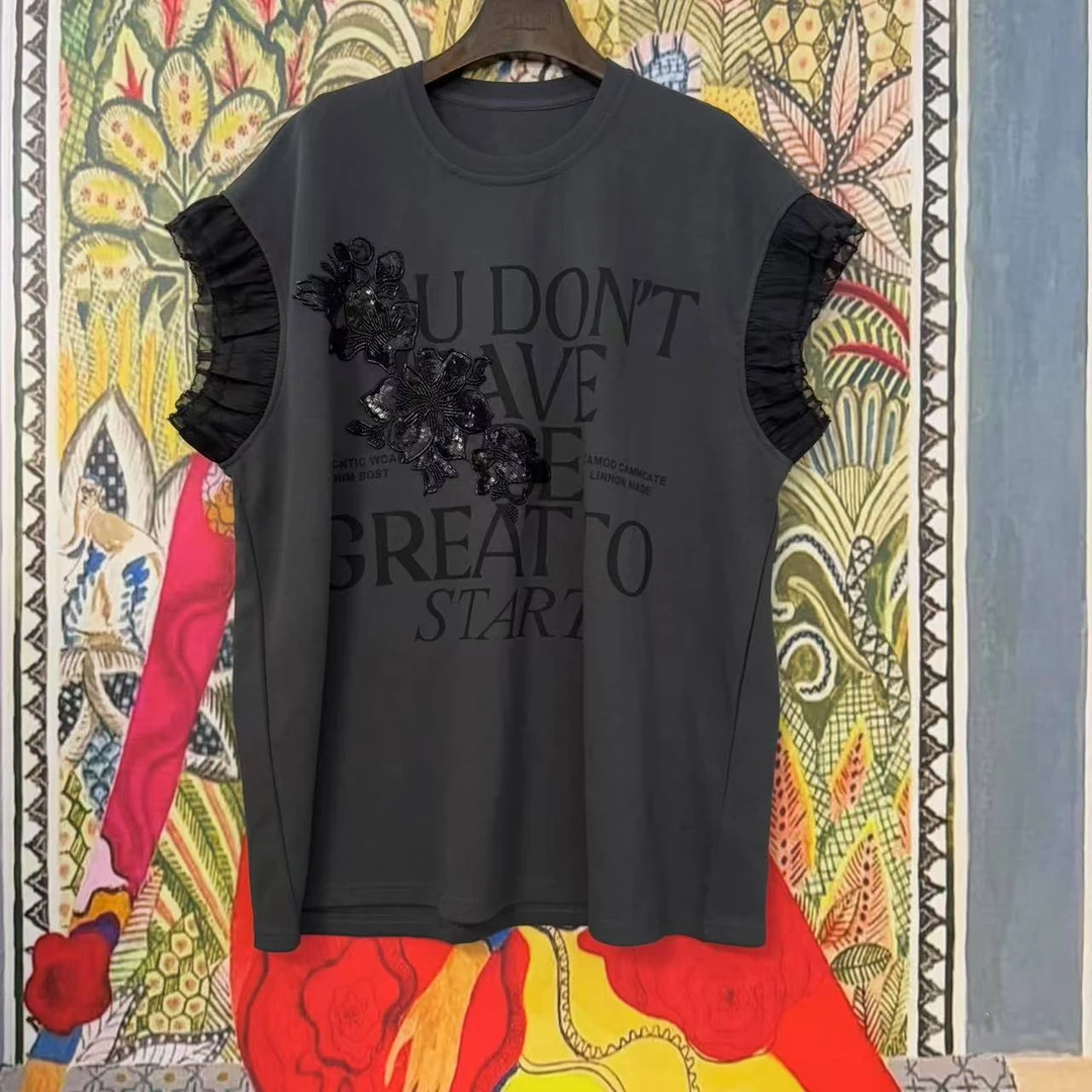 【大G精选】“万人迷” 设计感钉珠立体花字母花边小袖百搭显瘦T恤