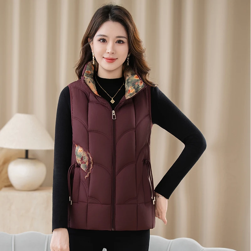 女士保暖立领时尚显瘦秋冬季修身大码刺绣新款国风棉马甲2570L-3