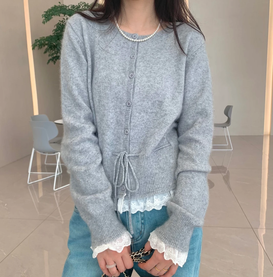 韩系甜美蕾丝花边浣熊纱收腰系带秋季宽松显瘦百搭圆领上衣TX039