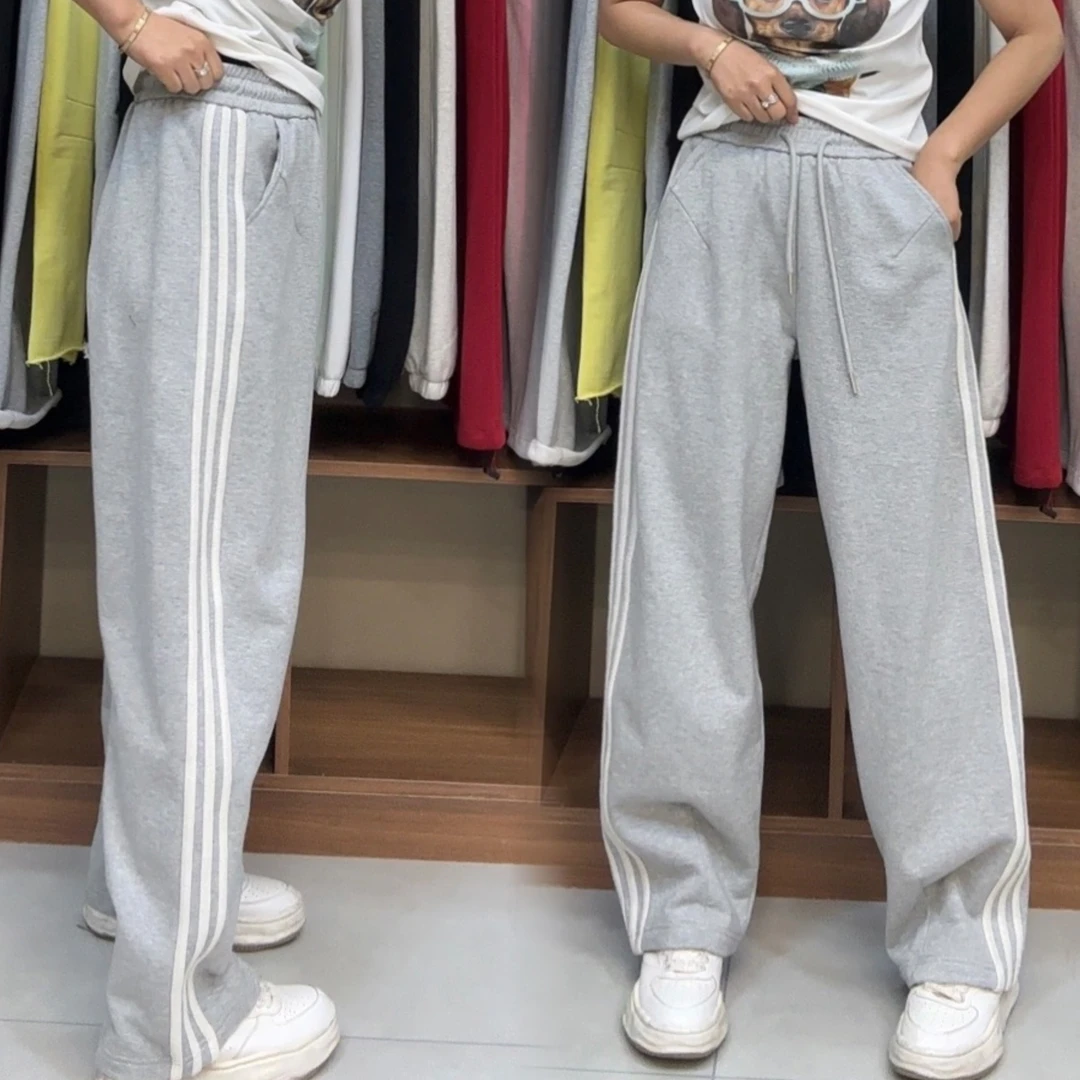 新款灰色宽松休闲裤运动裤时尚长裤侧边三杠阔腿裤春款高腰百搭