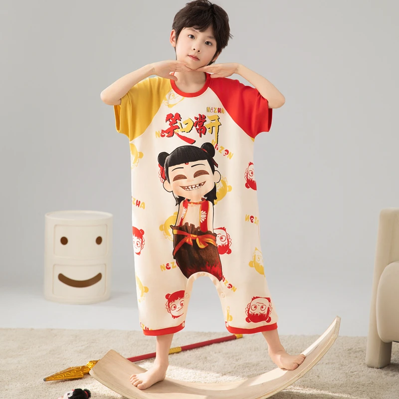 2025哪吒儿童连体睡衣男孩夏季薄款纯棉家居服男童中大童卡通睡袋