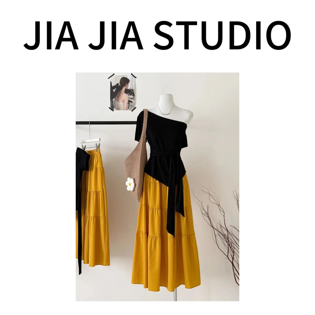 嘉嘉推荐#8823【夏款】韩系甜美气质一字肩套装