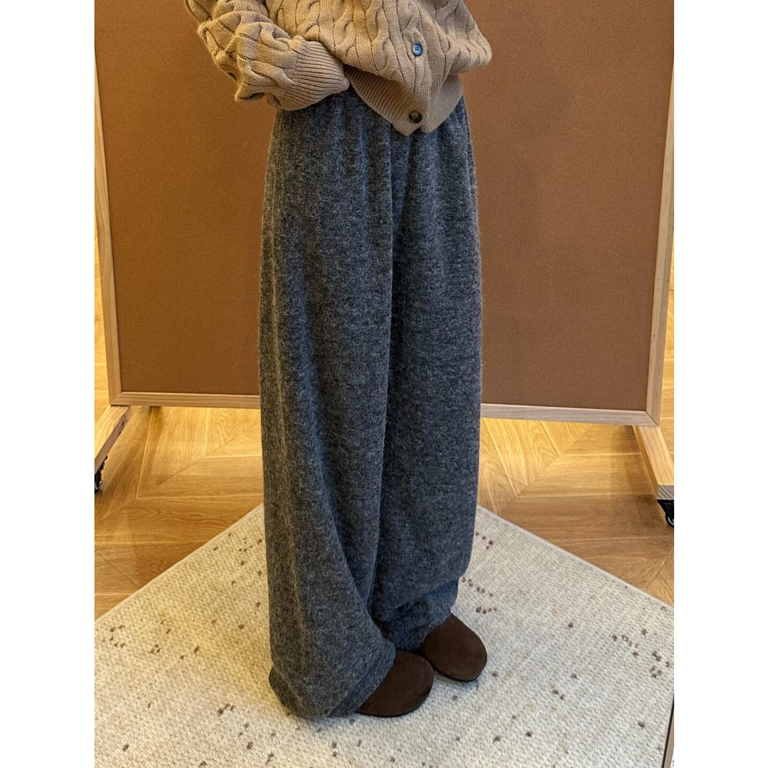 碳灰色加厚软糯毛呢糯米裤女秋冬新款高腰宽松显瘦休闲拖地阔腿裤