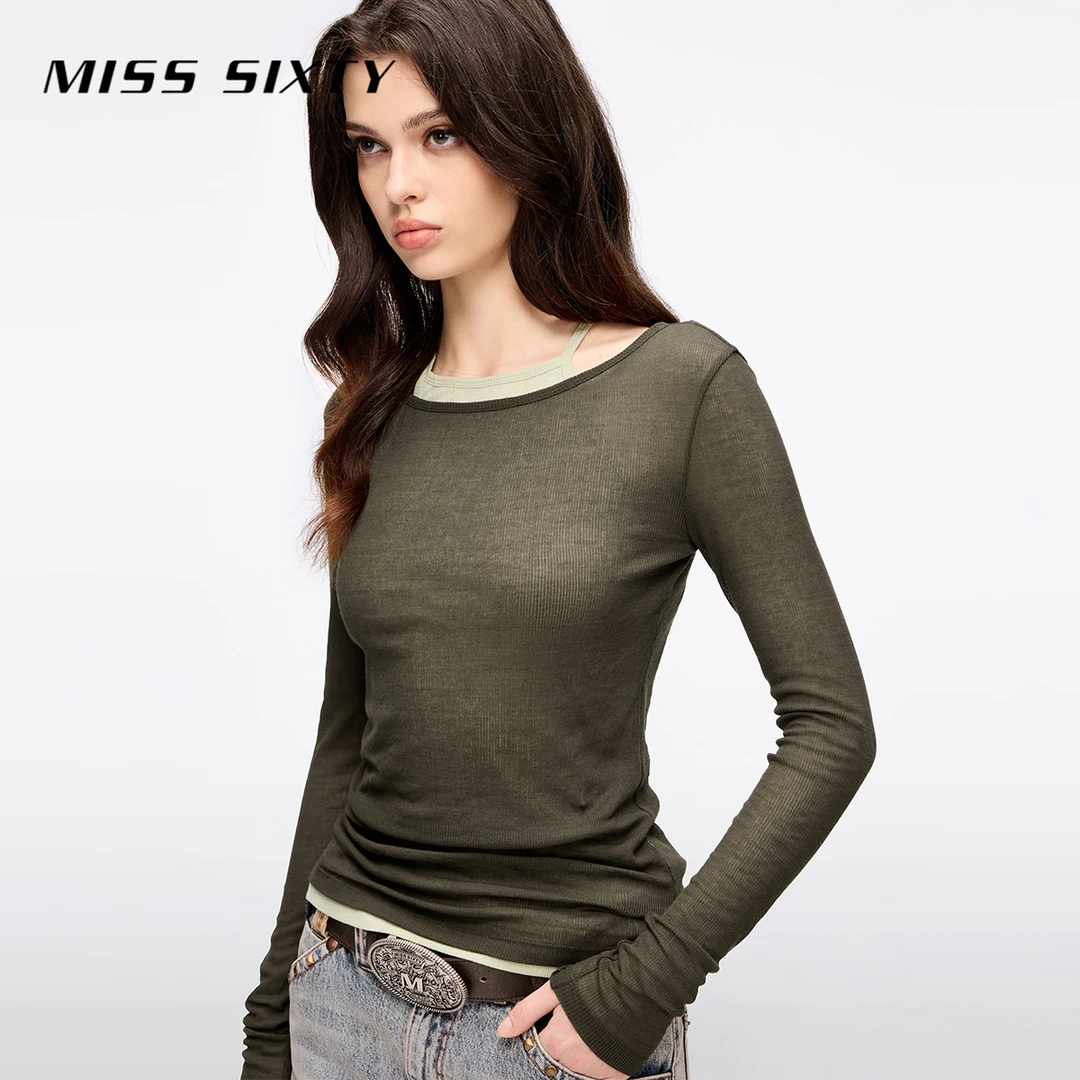 Miss Sixty 2025新款夏T恤女真两件修身叠穿撞色长袖上衣轻薄罩衫