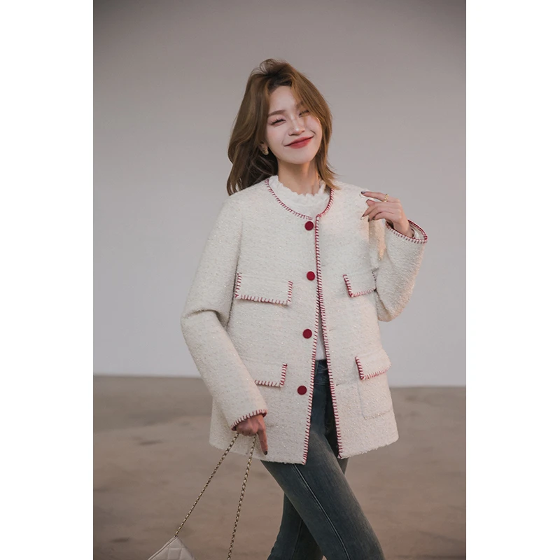 【季末折扣】小谷粒高定小香外套女小个子圆领贝壳绣撞色上衣