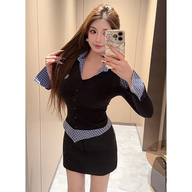 【香菜专属】格子拼接V领长袖T恤女春秋修身辣妹内搭打底衫上衣D829