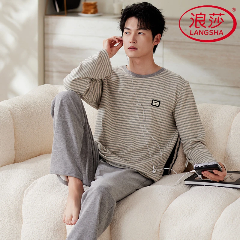 浪莎2025新款睡衣男士长袖薄绒保暖秋冬简约条纹宽松男青年家居服