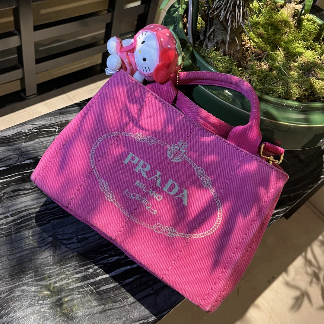 95新 Prada/普拉达 玫粉色大Logo单宁LL迷你小号托特手提斜挎包