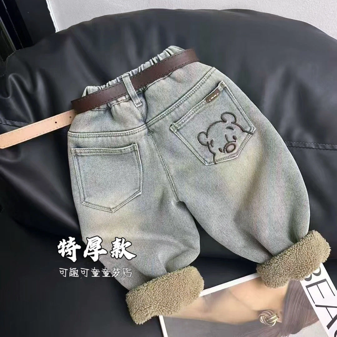 冬季长裤牛仔加绒裤男童牛仔裤韩版时尚加厚裤儿童宝宝高腰裤小童