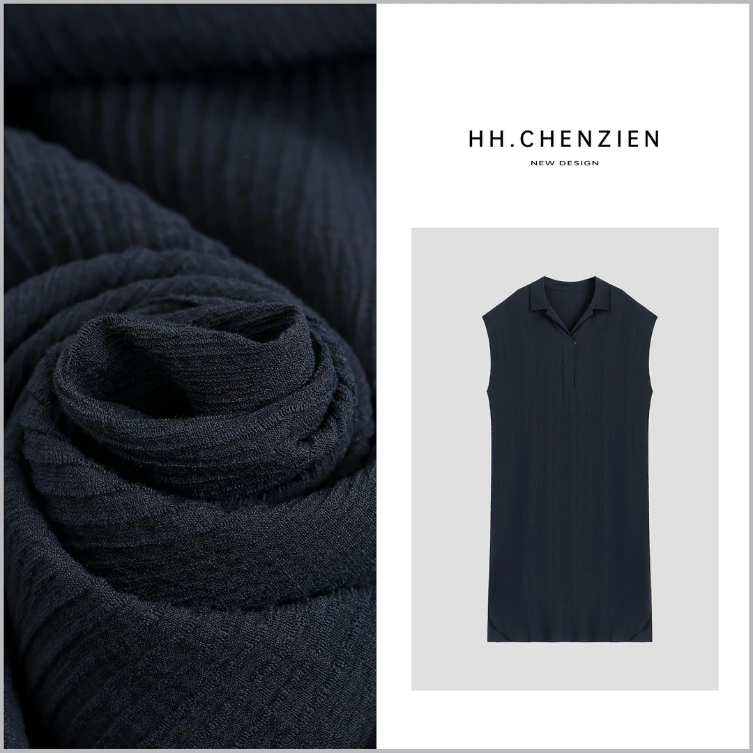 【黑黑家】夏季新款小翻领坑条设计无袖休闲净版连衣裙