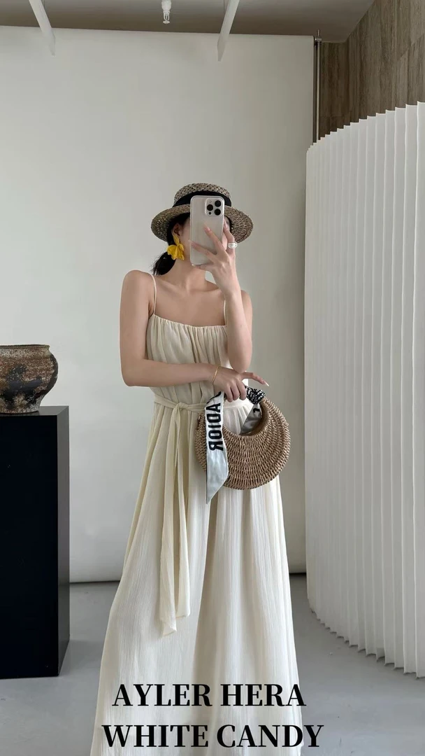 赫拉多压褶飘带显瘦吊带裙 H7362（福福）