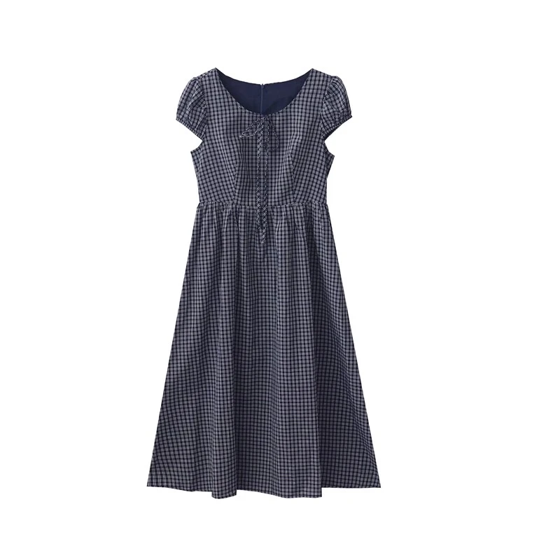 10627新款法式复古减龄格纹短袖连衣裙女高腰显瘦系带格子长裙