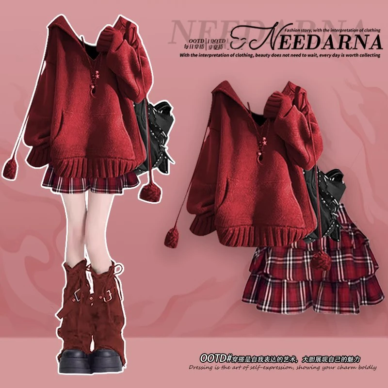 江浙沪千金新年战袍圣诞穿搭红色针织毛衣裙巨好看的冬装时尚套装