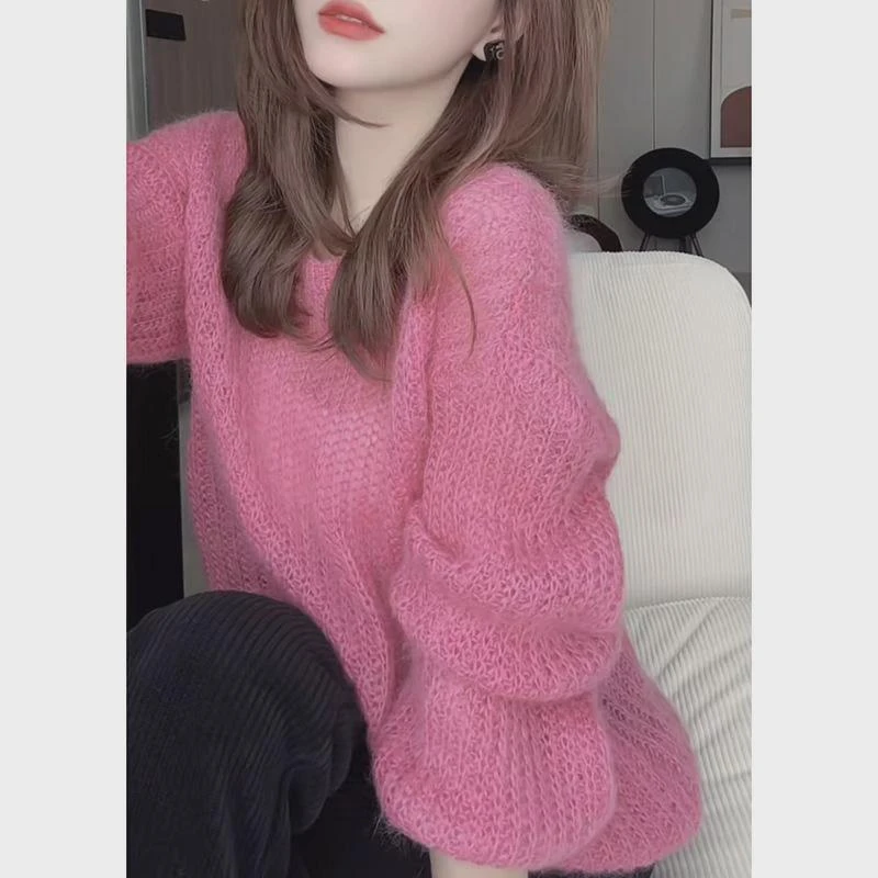 时尚休闲粉色针织衫女2024新款秋季圆领长袖宽松洋气毛针织衫上衣
