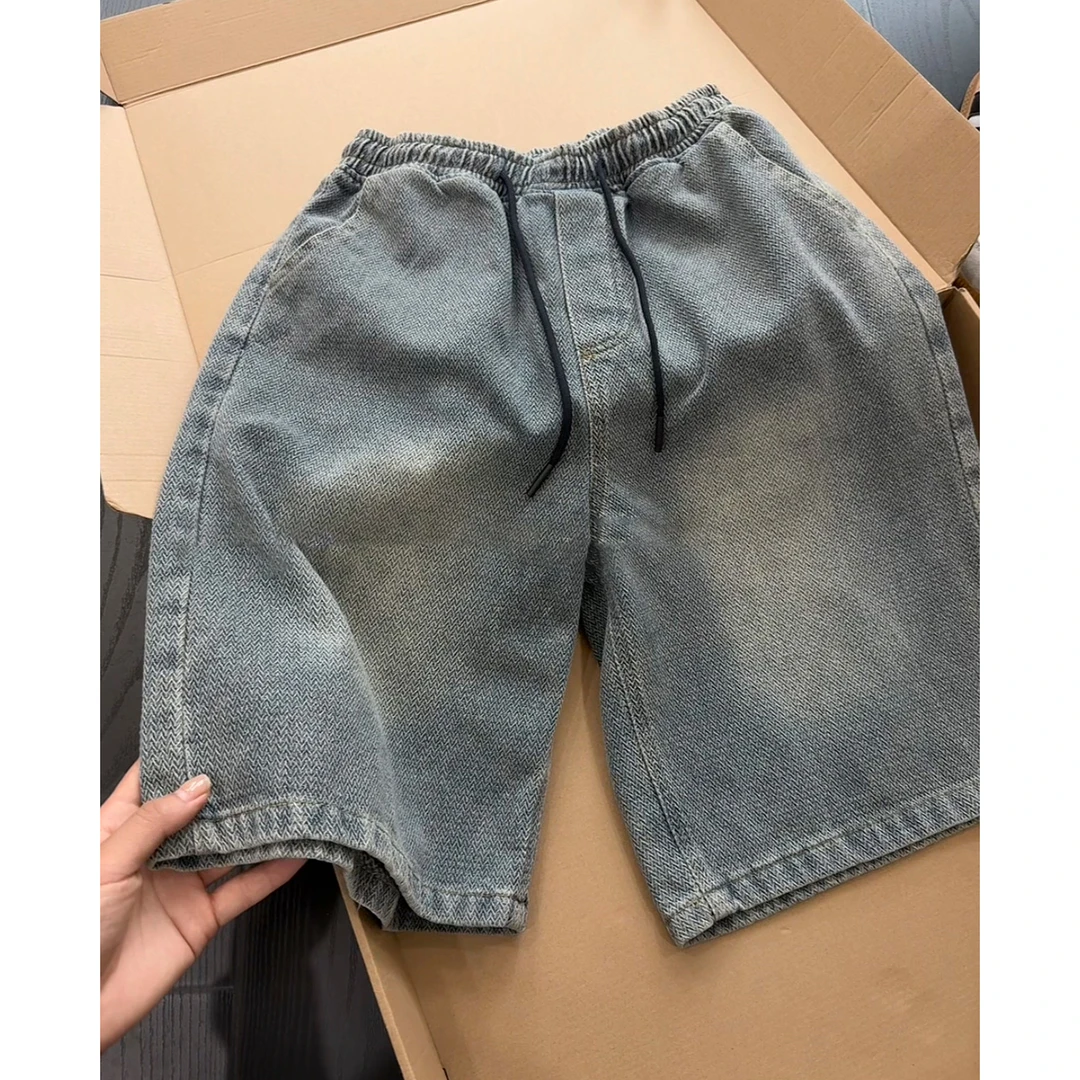 星空人字纹牛仔短裤男夏季新款抽绳松紧腰裤子痞帅高级过膝五分裤