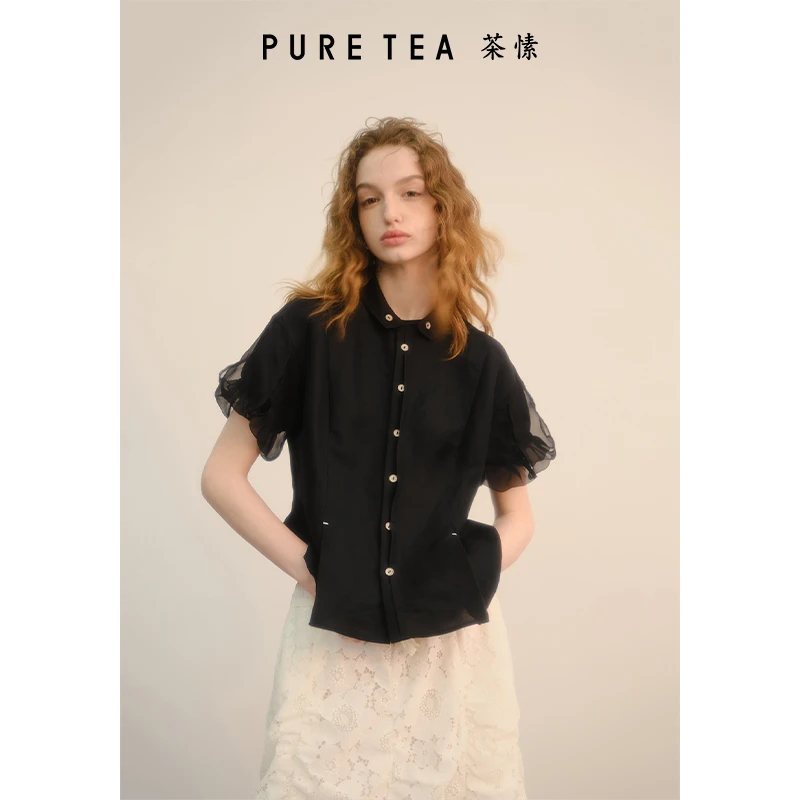 【东方诗意】茶愫收腰彼得潘领衬衫女泡泡袖2025老钱风松弛感女装
