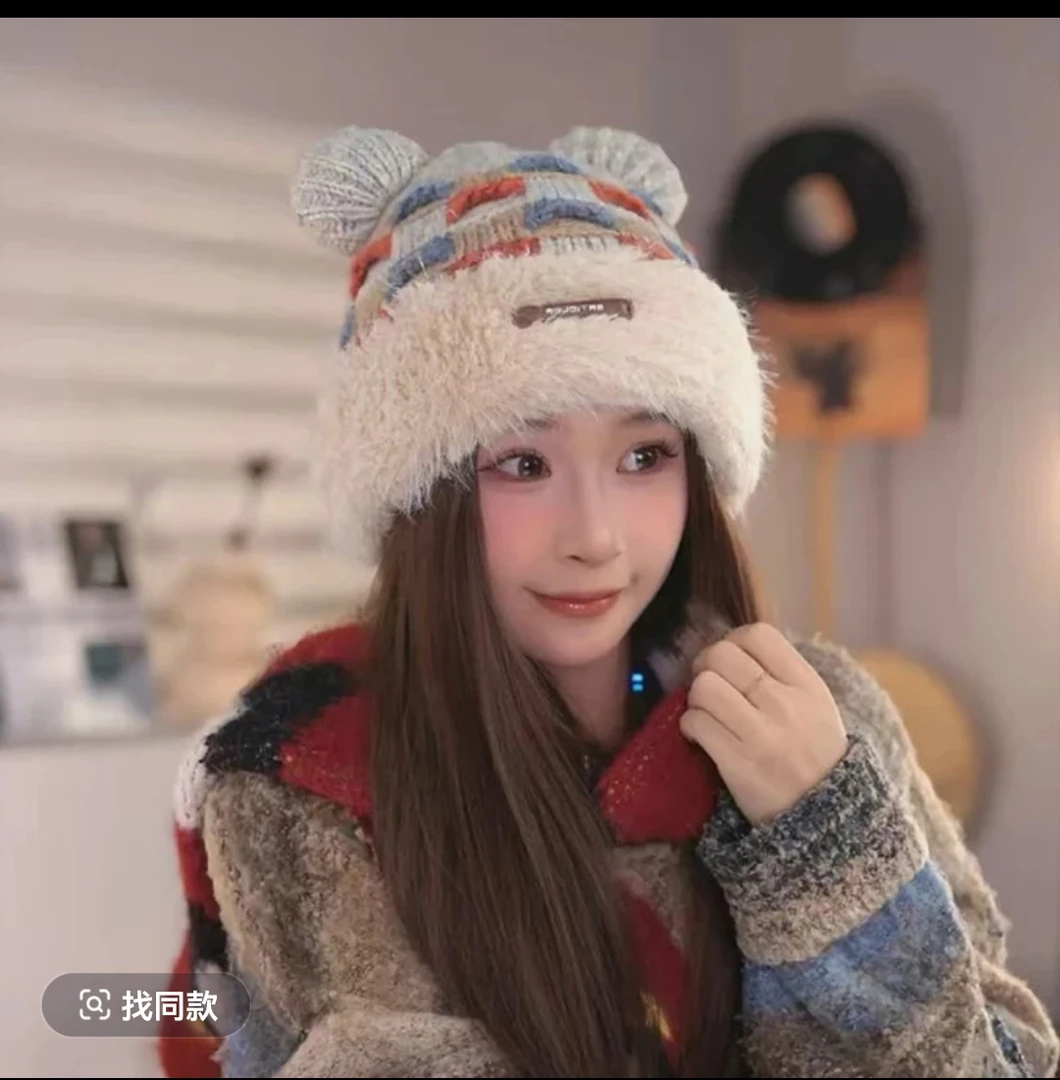 秋冬毛绒拼接针织小熊帽子加厚百搭保暖护耳防寒甜美可爱包头帽潮
