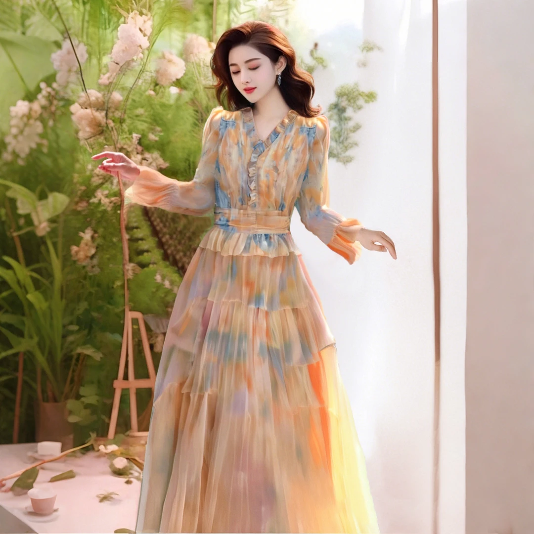 A花卉长裙春夏新款修身显瘦度假风飘逸沙滩裙优雅连衣裙女D0671