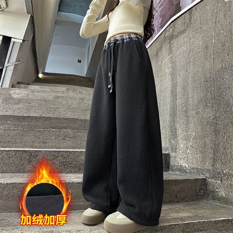 女童加绒裤子秋冬季加厚宽松女初中生运动阔腿裤女孩格子腰休闲裤
