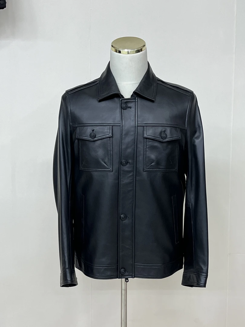 新款男翻领皮夹克羊皮真皮皮衣短款修身机车外套潮款