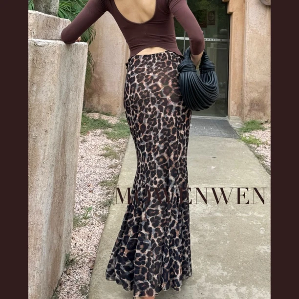 莫文文 猎豹 印花网纱高腰气质豹纹鱼尾裙显瘦包臀鱼尾裙半身裙