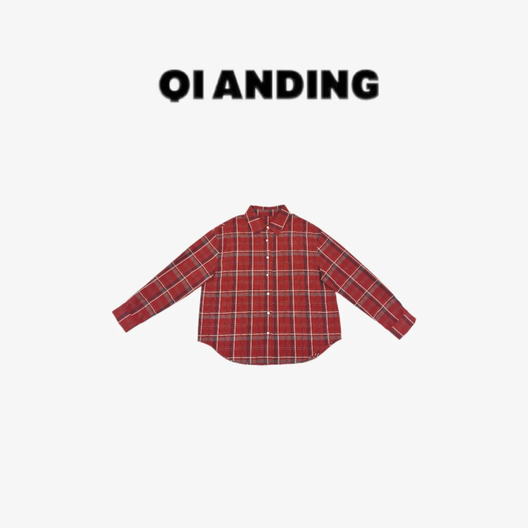 【QIANDING】“风格衬衣”25格子撞色休闲长袖衬衫25652