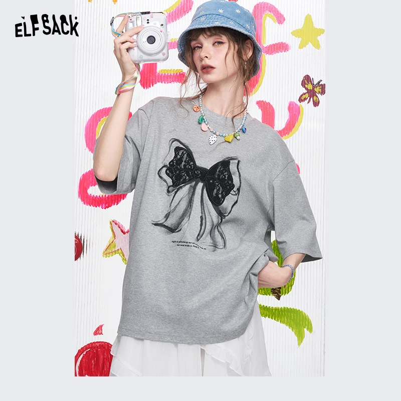 灰色蝴蝶结印花短袖t恤女2025年春夏新款宽松休闲上衣25205119