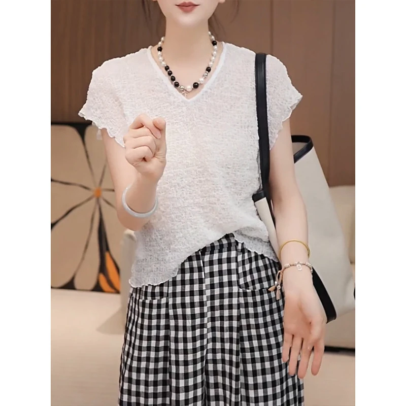 背心感褶皱v领薄款短袖t恤女2025年夏季新款气质休闲简约百搭上衣