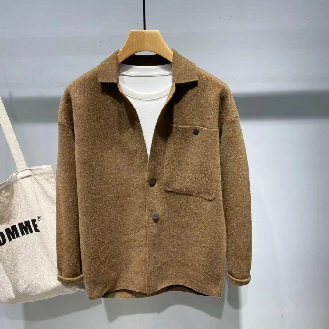 纯色翻领针织开衫男士春秋季百搭流行简约口袋修身小个子毛衣外套