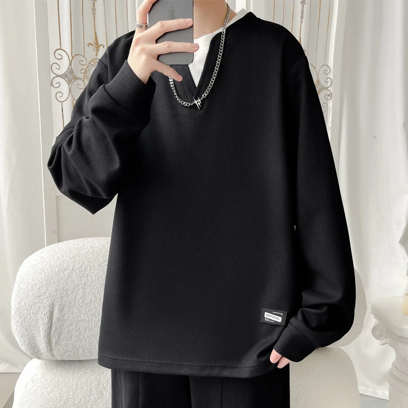 拼接假两件长袖春季宽松男长袖T恤秋季宽松针织潮流大码男士男生