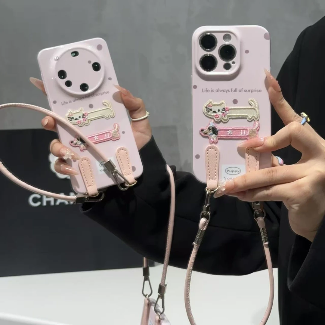 奥菲顿刺绣长条猫狗挂绳适用苹果17/16菲林手机壳华为vivoppo小米