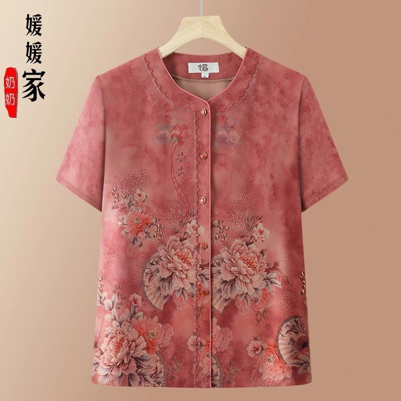 奶奶夏装夏季短袖衬衫中老年人妈妈女装时尚老太太衣服衬衣衣服女