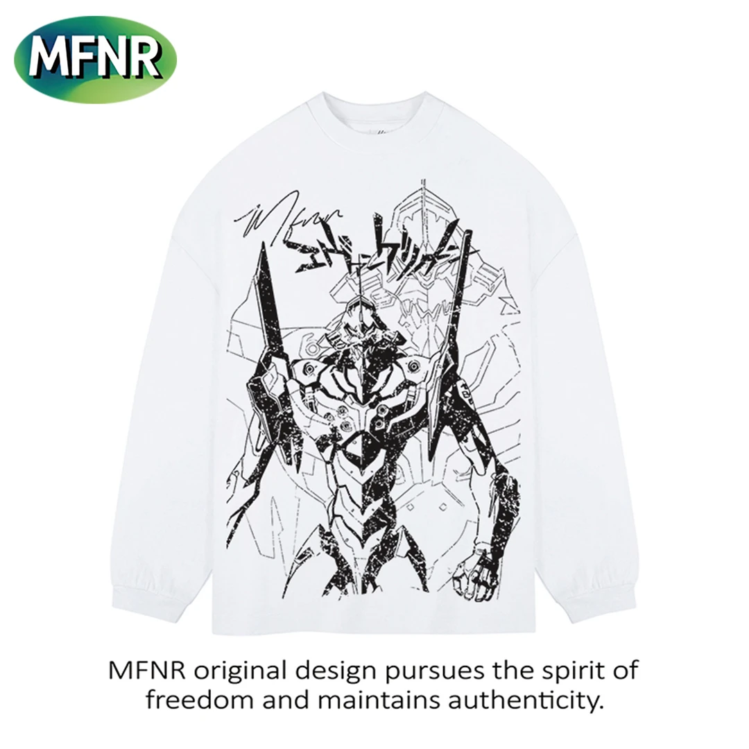 复古机甲印花长袖t恤男秋冬潮牌宽松百搭圆领重磅纯棉打底上衣ins