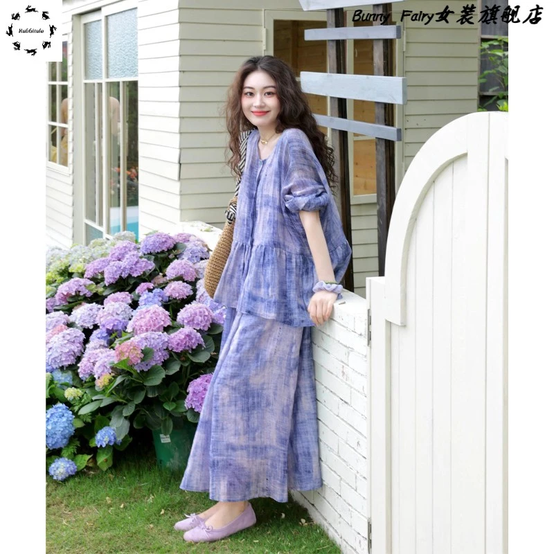 新中式国风流行漂亮女麻套装裙女夏装搭配一整套开衫吊带裙两件套