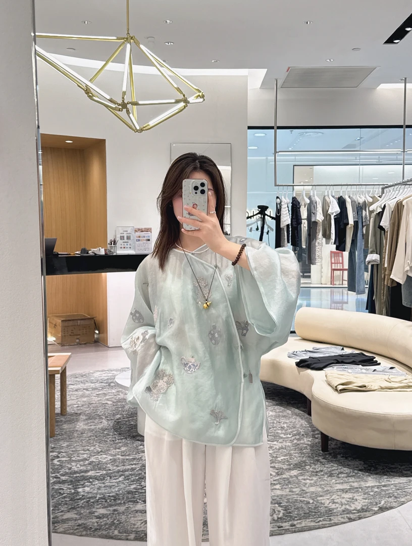 DZ｜重工铜氨丝浮雕刺绣2025新款新中式斜襟薄款衬衫女上衣618