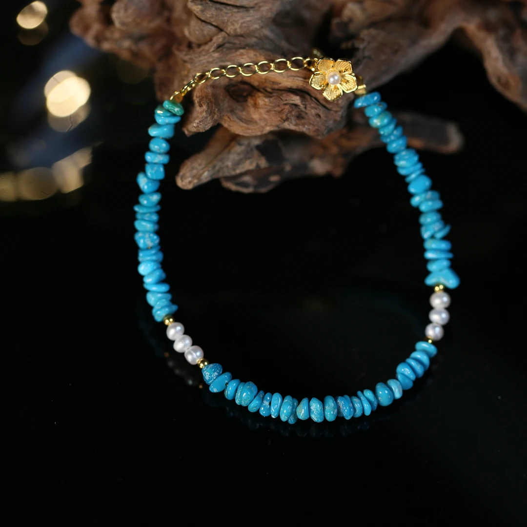 安曼博S925绿松随形珍珠古法花形手链 约4mm XZ0128BZ