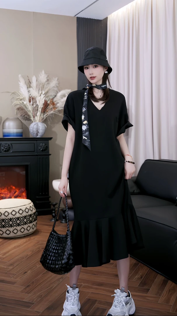 设计师原创 夏季棉感黑色V领褶皱度假通勤短袖连衣裙Z352393