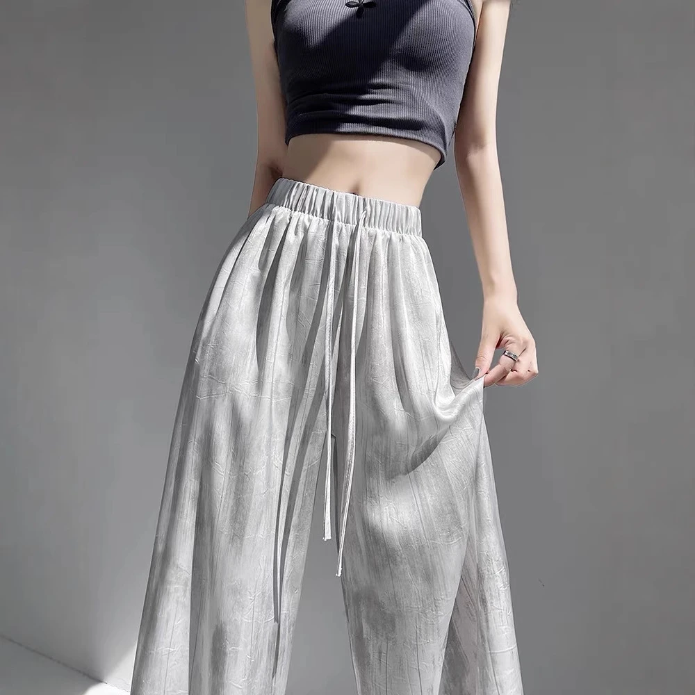 冰丝扎染阔腿裤女夏季薄款高腰百搭垂感宽松缎面运动休闲直筒裤