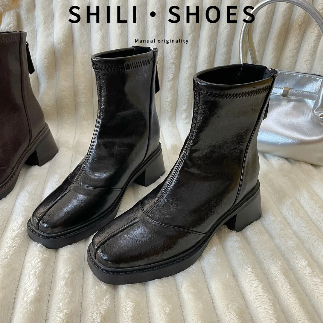 十里【增高6cm】复古瘦瘦靴女粗跟弹力短靴英伦风气质马丁靴百搭