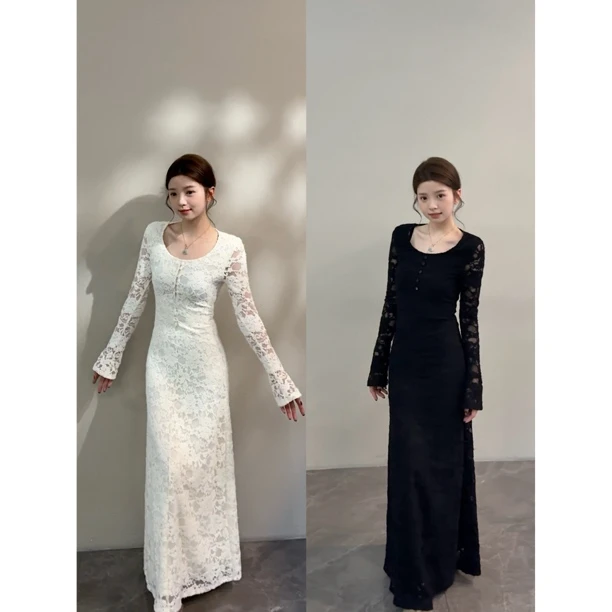 【颂宋】秋冬方领蕾丝连衣裙法式复古收腰显瘦气质长裙DT1763